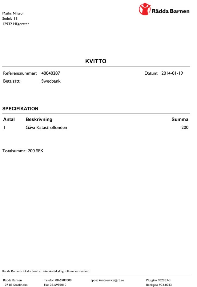 kvitto Rädda Barnen